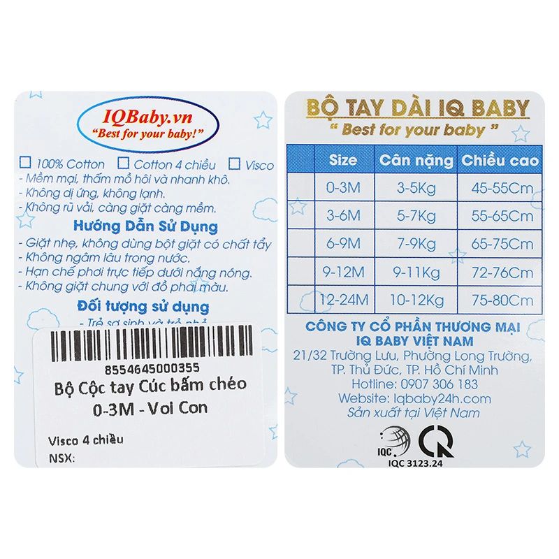 Bộ tay ngắn cúc bấm chéo in voi con IQ Baby màu trắng 12