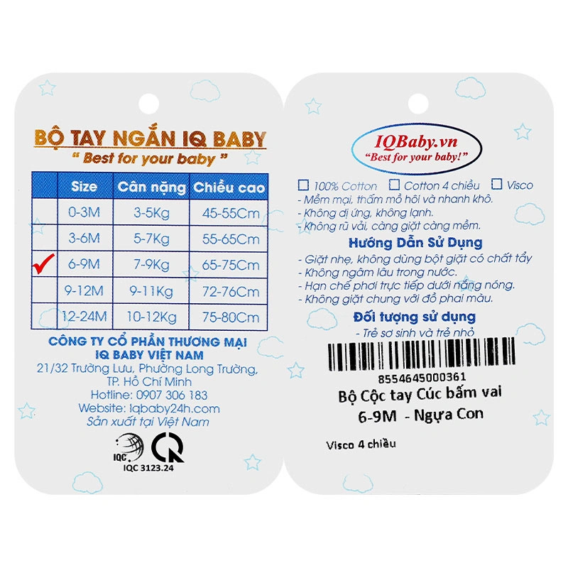 Bộ tay ngắn cúc bấm vai in ngựa con IQ Baby màu trắng 11