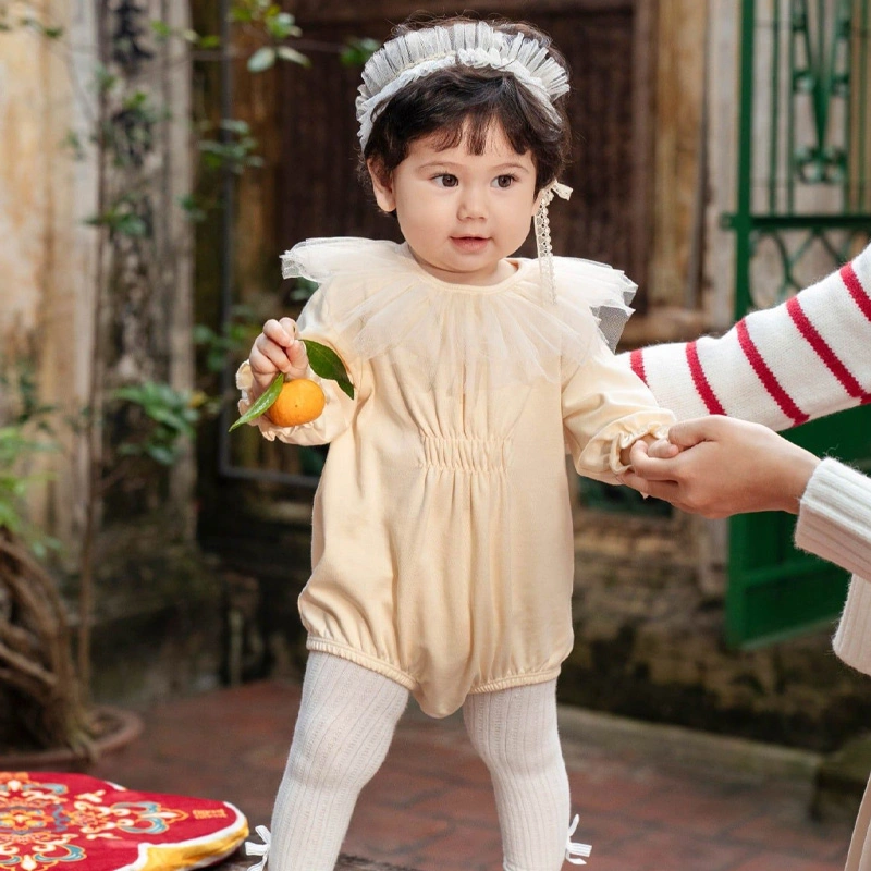 Bodysuit tay dài kèm băng đô La Pomme bông hoa thanh lịch màu vàng 2