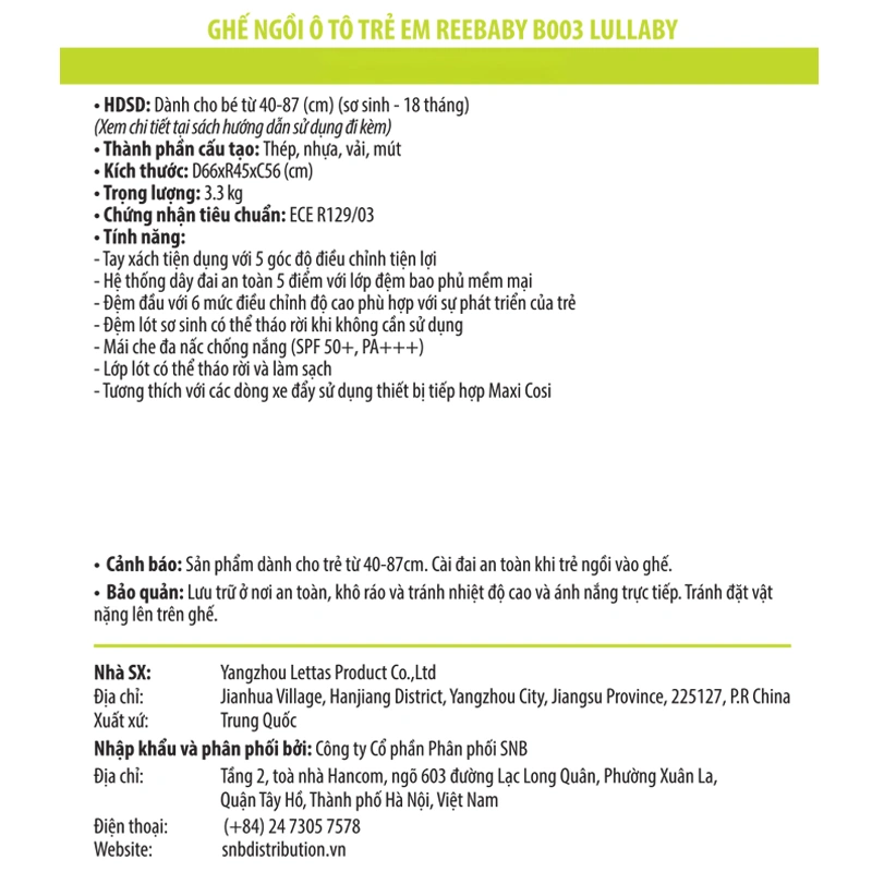 Ghế ngồi ô tô trẻ em Reebaby B003 Lullaby (0 - 18 tháng) 10