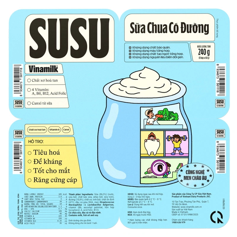 Lốc 4 hộp sữa chua có đường Vinamilk SuSu IQ 60g (từ 1 tuổi) - Giao bao bì ngẫu nhiên 4