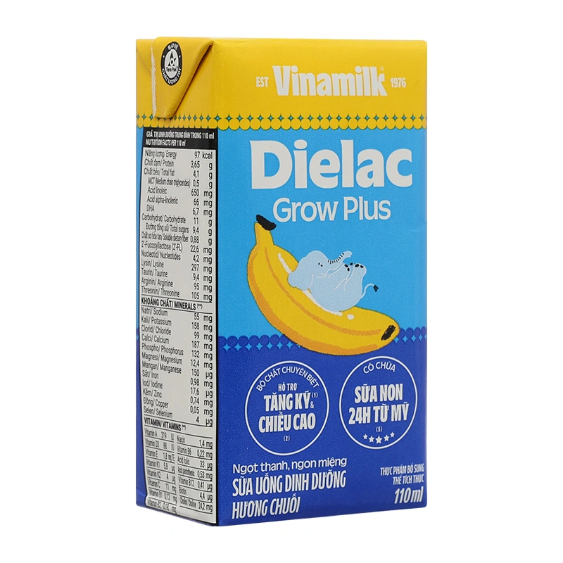 Lốc 4 hộp sữa non pha sẵn Dielac Grow Plus hương chuối 110 ml (từ 1 tuổi) 4