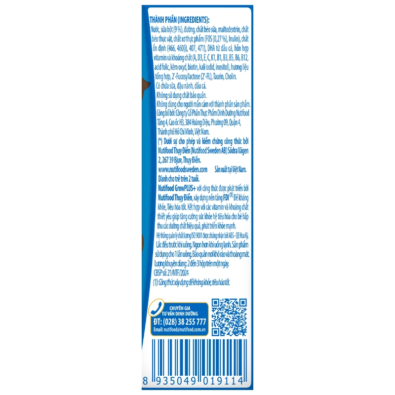 Thùng 48 hộp sữa pha sẵn Nutifood GrowPLUS+ xanh nhạt 2+ hương vani 180 ml hỗ trợ tiêu hóa (từ 2 tuổi) 16