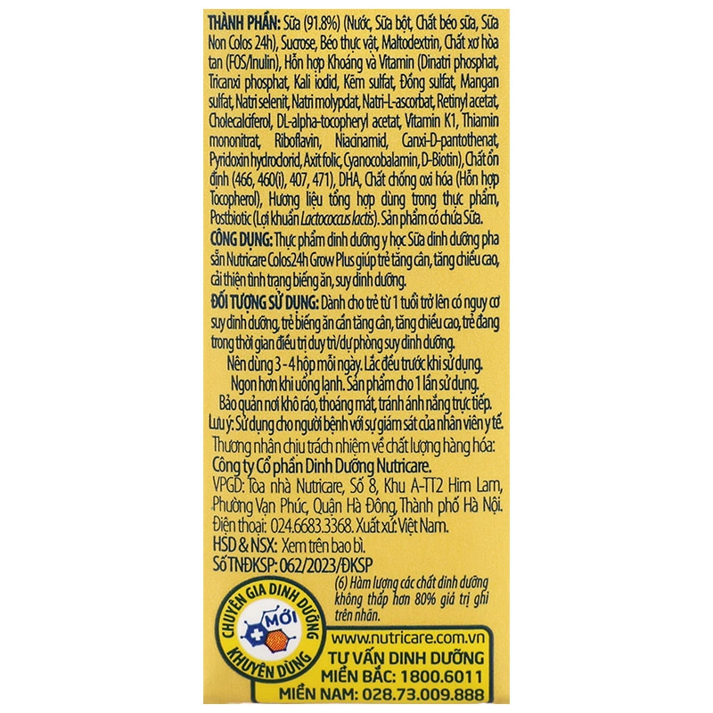 Lốc 4 hộp sữa pha sẵn Nutricare Colos 24h Grow Plus 110 ml (từ 1 tuổi) 12