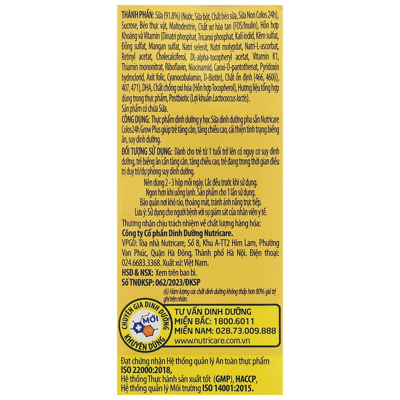 Lốc 4 hộp sữa pha sẵn Nutricare Colos 24h Grow Plus 180 ml (từ 1 tuổi) 12