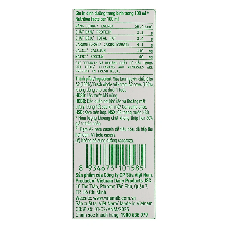 Lốc 4 hộp sữa tươi tiệt trùng Vinamilk Green Farm A2 110 ml (từ 1 tuổi) 10