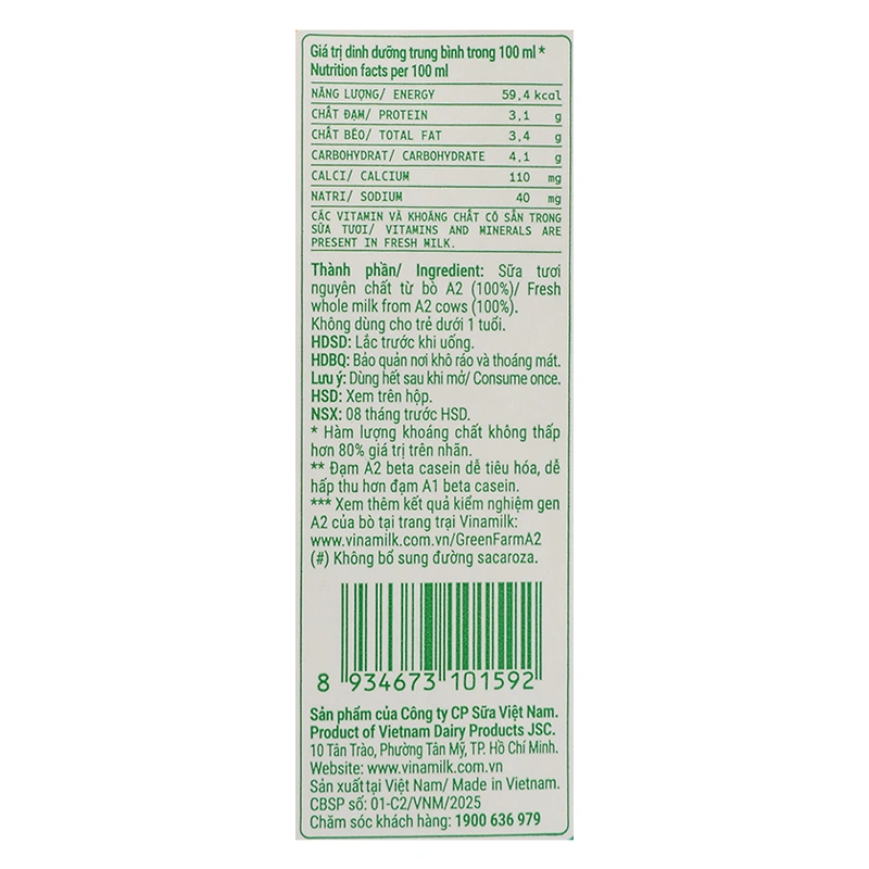 Thùng 48 hộp sữa tươi tiệt trùng Vinamilk Green Farm A2 180 ml (từ 1 tuổi) 23