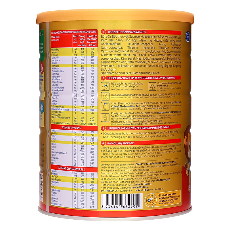 Sữa bột Nutricare Colos 24h Grow Plus 1+ 850g (1 - 2 tuổi) 5