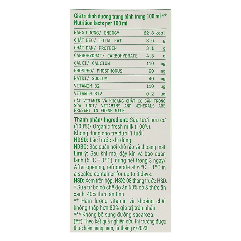 Sữa tươi tiệt trùng Green Farm Organic không đường 1 lít (từ 1 tuổi) 9