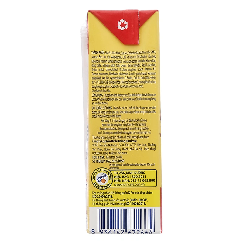 Lốc 4 hộp sữa pha sẵn Nutricare Colos 24h Grow Plus 180 ml (từ 1 tuổi) 24