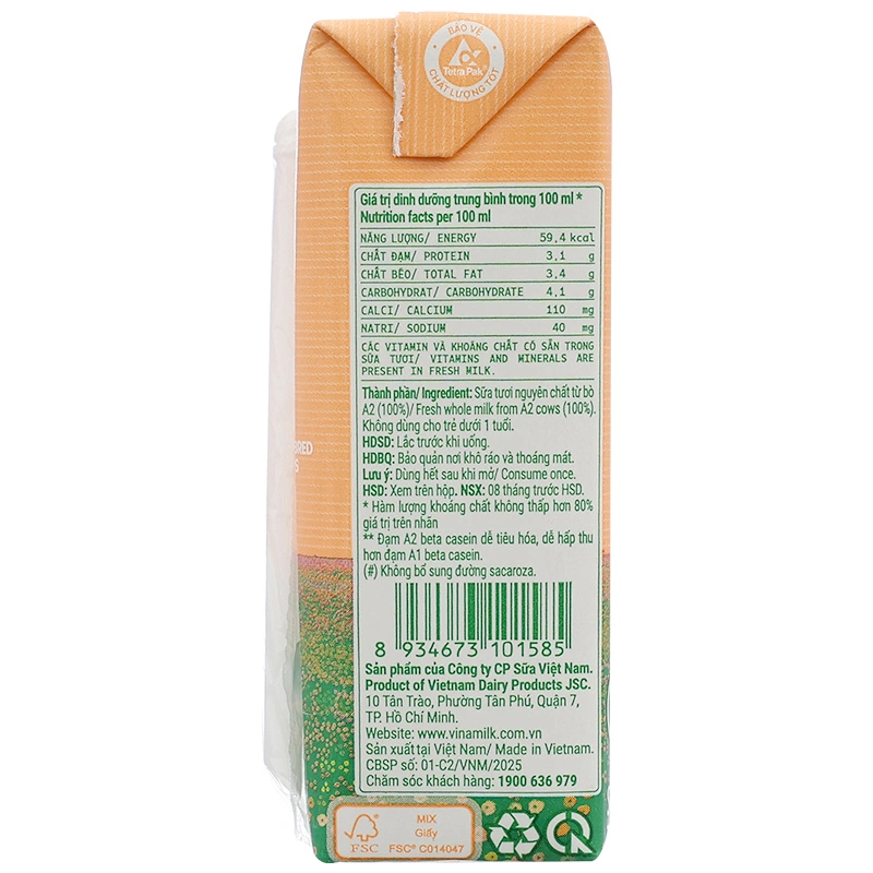 Lốc 4 hộp sữa tươi tiệt trùng Vinamilk Green Farm A2 110 ml (từ 1 tuổi) 20