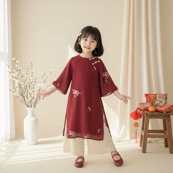 Áo dài bé gái Lullaby cotton đỏ - trắng