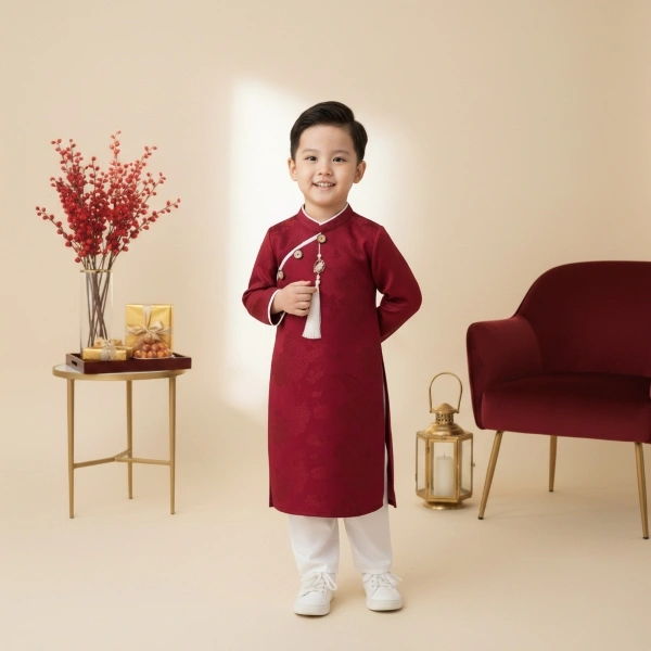 Áo dài bé trai Lullaby cotton đỏ - trắng