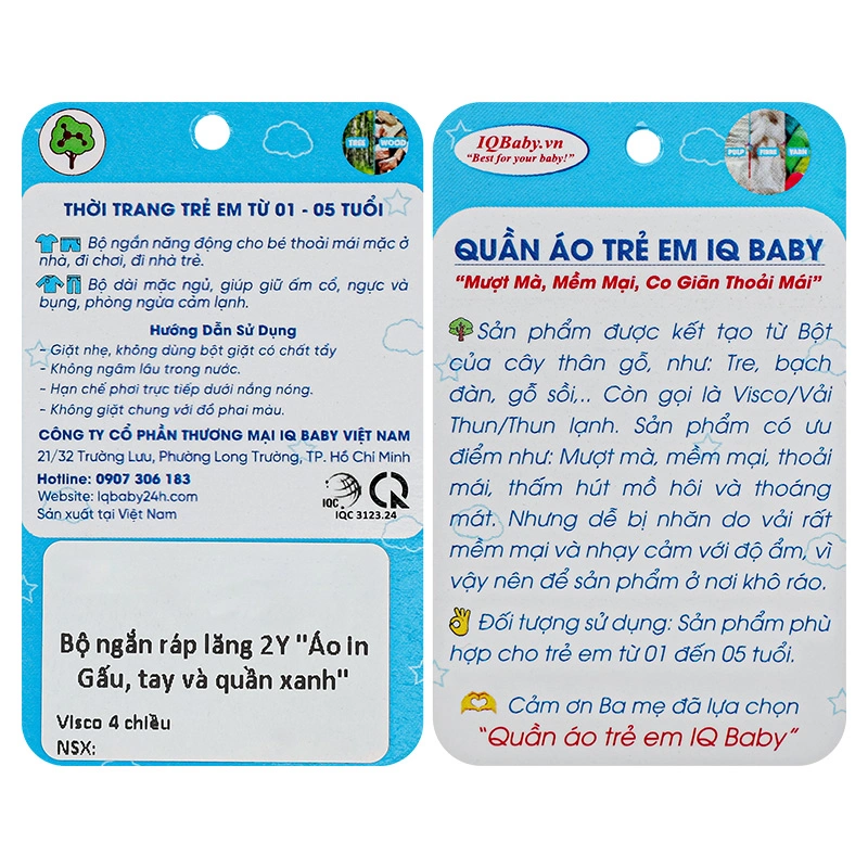 Bộ tay ngắn bé trai IQ Baby raplan in gấu màu xanh 12