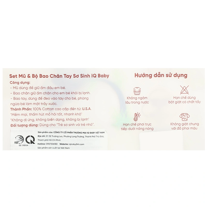 Set nón, bao tay bao chân in heo hồng IQ Baby màu trắng (0 -3 tháng) 11