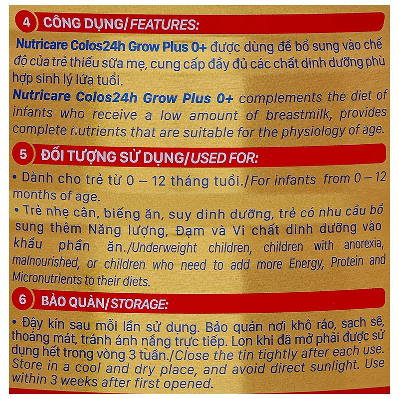 Sữa bột Nutricare Colos 24h Grow Plus 0+ 800g (0 - 1 tuổi) 12