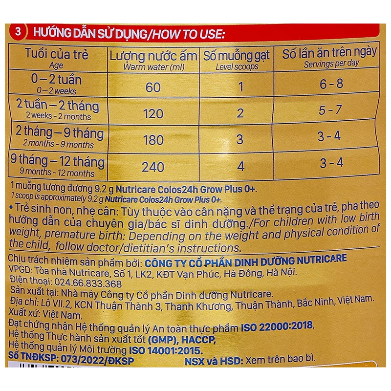 Sữa bột Nutricare Colos 24h Grow Plus 0+ 800g (0 - 1 tuổi) 8