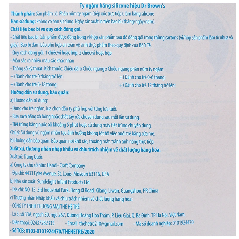 Ti ngậm Dr.Brown's chống vẩu (từ 0 tháng) - Màu xanh - Giao mẫu ngẫu nhiên 10