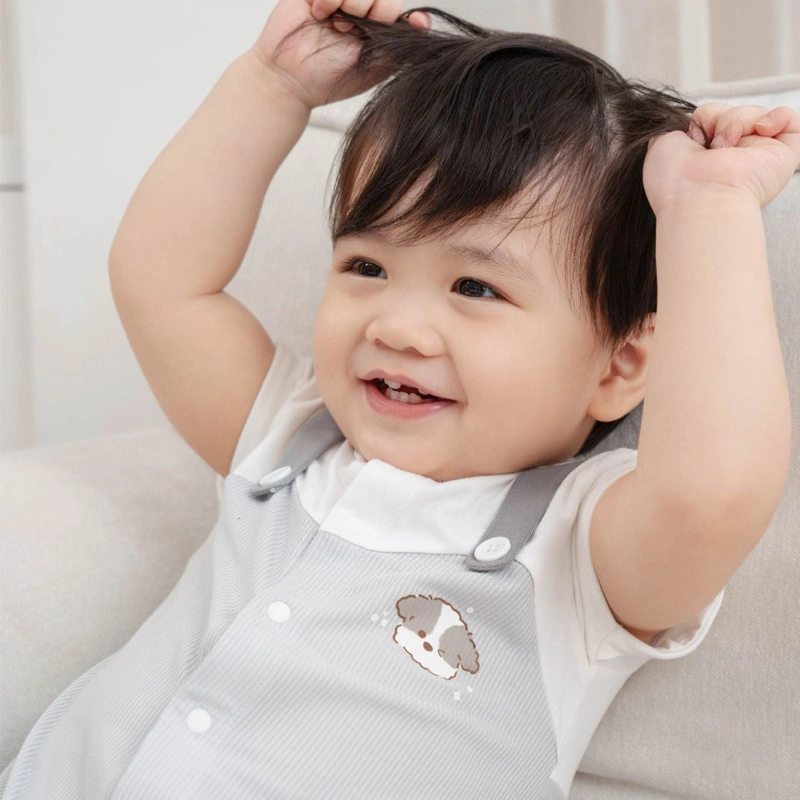 Bodysuit tay ngắn La Pomme giả yếm cún bông lém lỉnh màu trắng xám 2