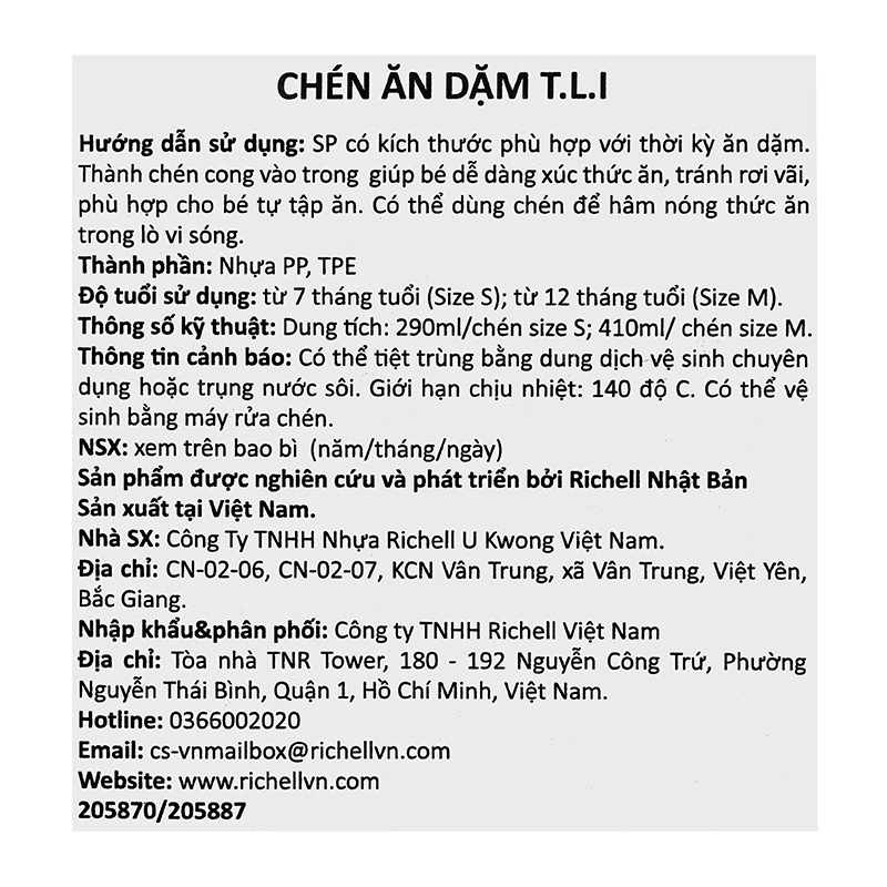 Chén ăn dặm T.L.I Richell size S 7