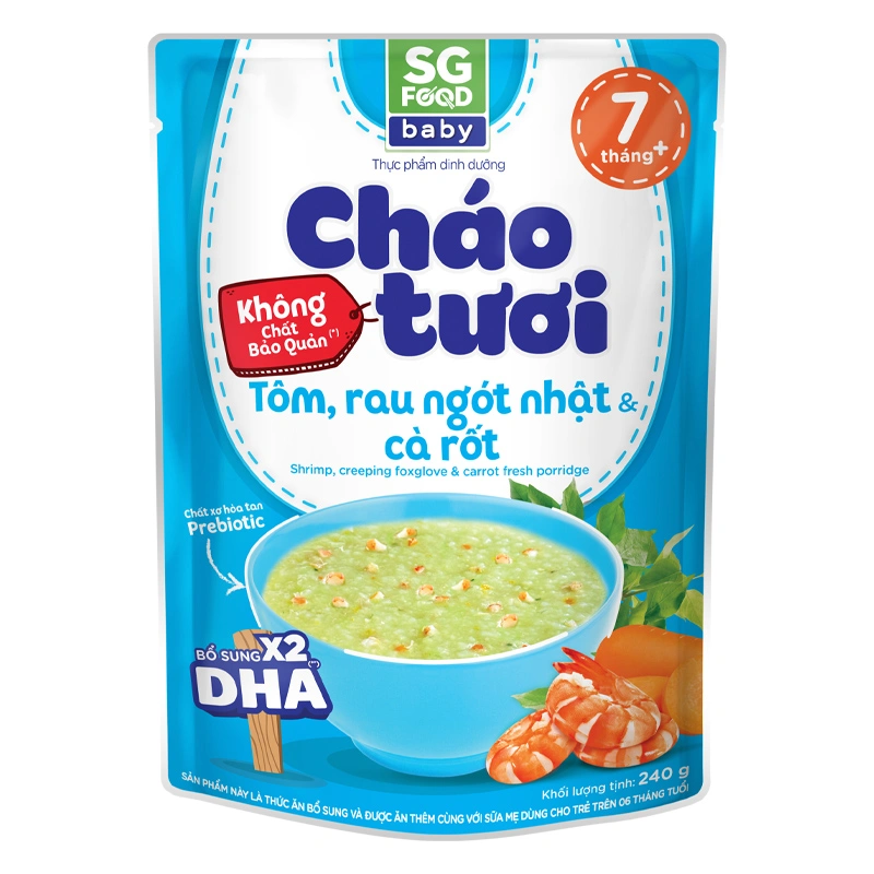 Cháo tươi SG Food Baby vị tôm, rau ngót Nhật và cà rốt gói 240g (từ 7 tháng) 6