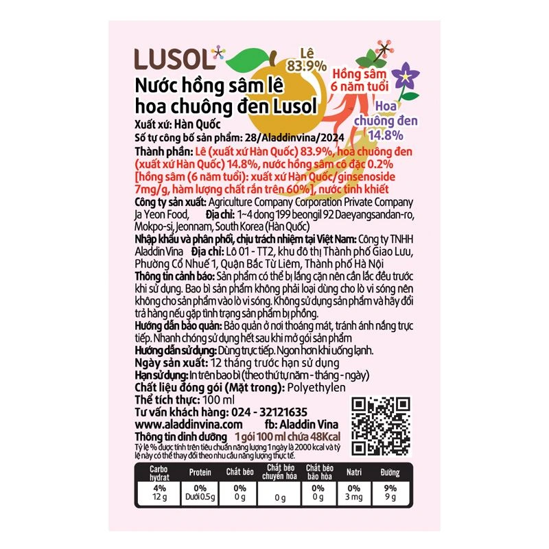 Nước trái cây Lusol hồng sâm vị lê, hoa chuông đen 100 ml (từ 1 tuổi) 8