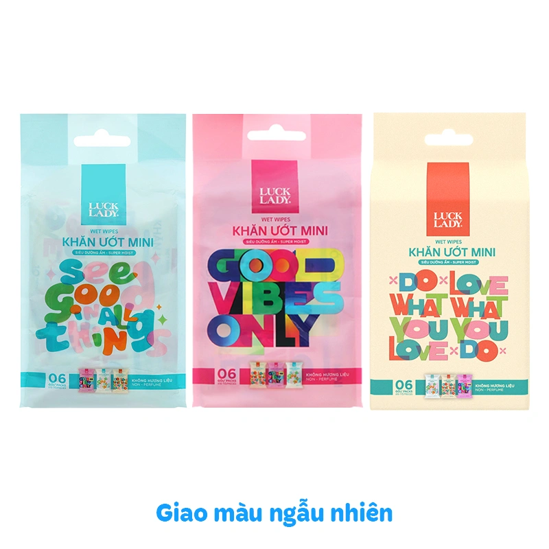 Khăn ướt mini LUCK LADY không mùi túi 6 gói (gói 10 miếng) - Màu ngẫu nhiên 2