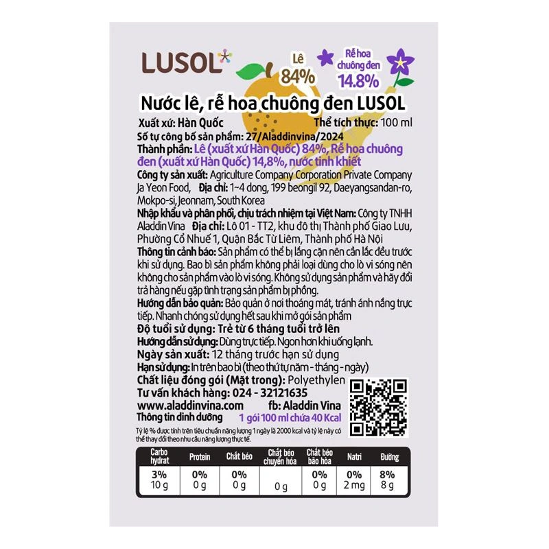 Nước trái cây Lusol vị lê, rễ hoa chuông đen 100 ml (từ 6 tháng) 3