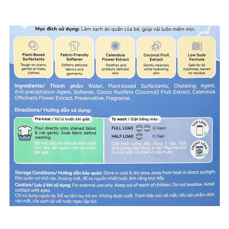 Nước giặt xả quần áo cho bé 2 trong 1 BZU BZU Cleanhaven can 3 lít 5