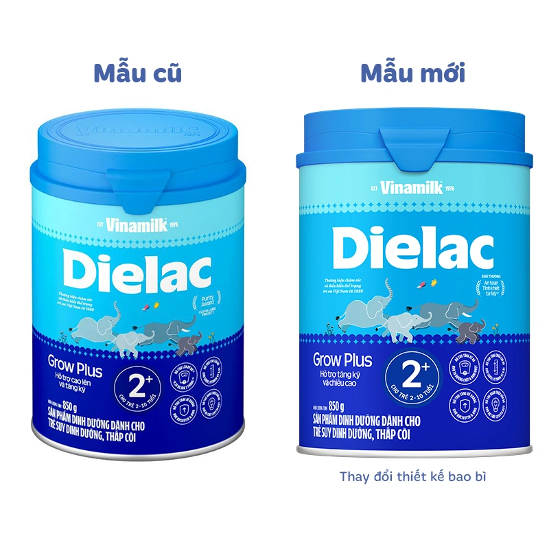 Sữa bột Dielac Grow Plus 2+ (sữa non) hương vani 850g (2 - 10 tuổi) dành cho trẻ suy dinh dưỡng, thấp còi - Giao bao bì ngẫu nhiên 2