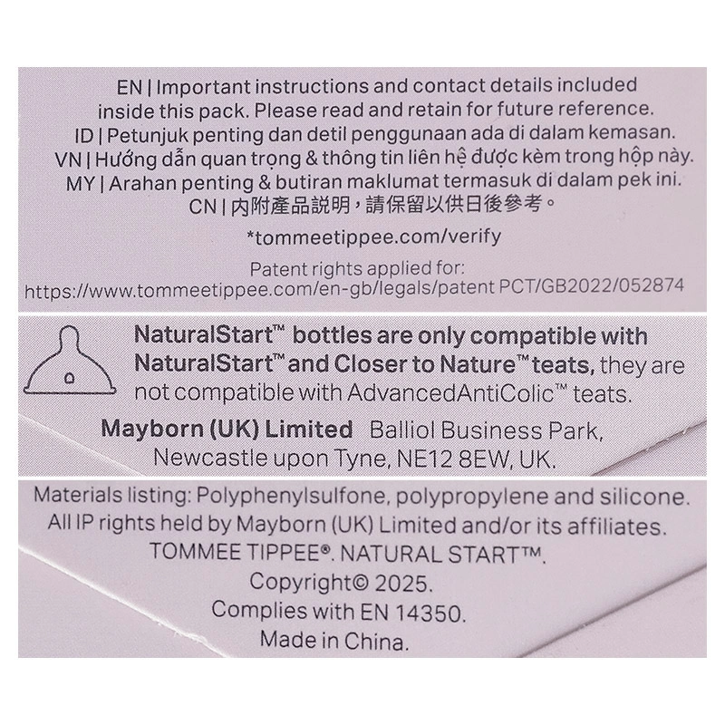 Bình sữa nhựa PPSU Tommee Tippee Natural Start cổ rộng 150 ml (0 - 3 tháng) - Họa tiết vàng 52