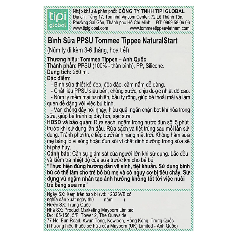 Bình sữa nhựa PPSU Tommee Tippee Natural Start cổ rộng 150 ml (0 - 3 tháng) - Họa tiết vàng 39