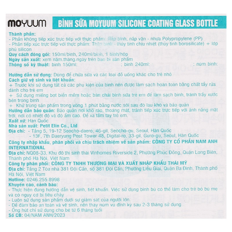 Bình sữa thủy tinh tráng silicone Moyuum cổ rộng 150 ml - Twinkle (0 - 3 tháng) 27