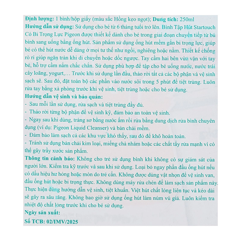 Bình tập uống Pigeon 250ml - Màu xanh lá (từ 6 tháng) 25