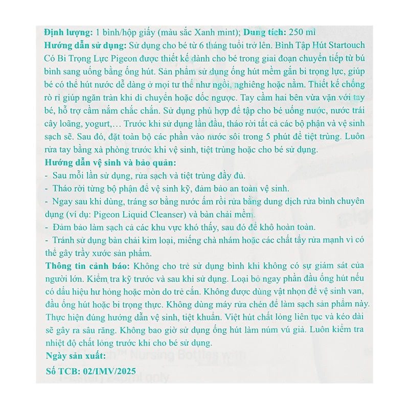 Bình tập uống Pigeon 250ml - Màu xanh lá (từ 6 tháng) 13