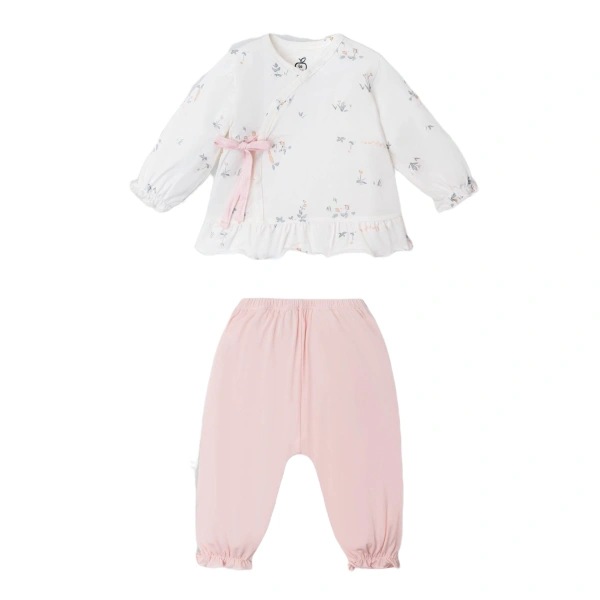 Bộ tay dài bé gái La Pomme sợi tre trắng - hồng