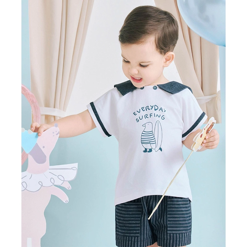 Bộ tay ngắn bé trai La Pomme phối quần kẻ bé yêu thanh lịch màu trắng - xanh dương 2