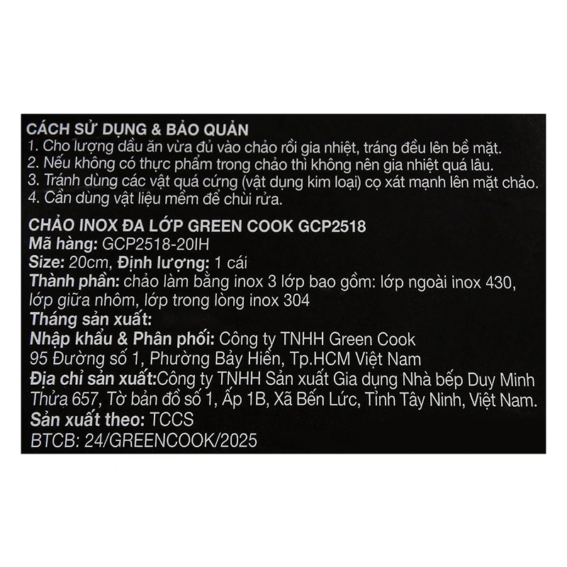 Chảo inox nguyên khối đáy từ 20 cm Green Cook GCP2518-20IH 11