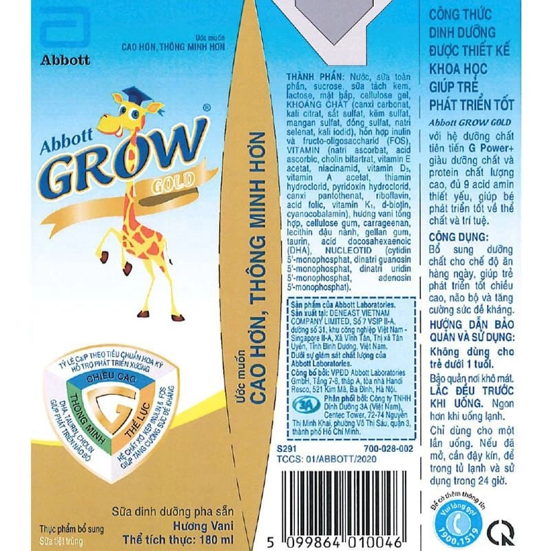 Thùng 48 hộp sữa pha sẵn Abbott Grow Gold hương vani 180 ml (từ 1 tuổi) 16