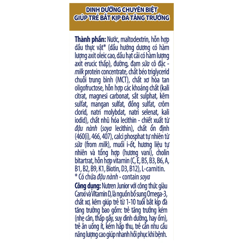 Lốc 4 hộp sữa pha sẵn Nutren Junior hương vani 180 ml (1 - 10 tuổi) 30