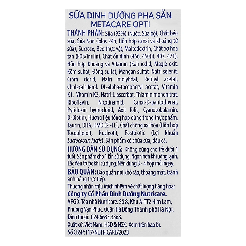 Thùng 48 hộp sữa pha sẵn MetaCare Opti 110 ml (từ 1 tuổi) 36
