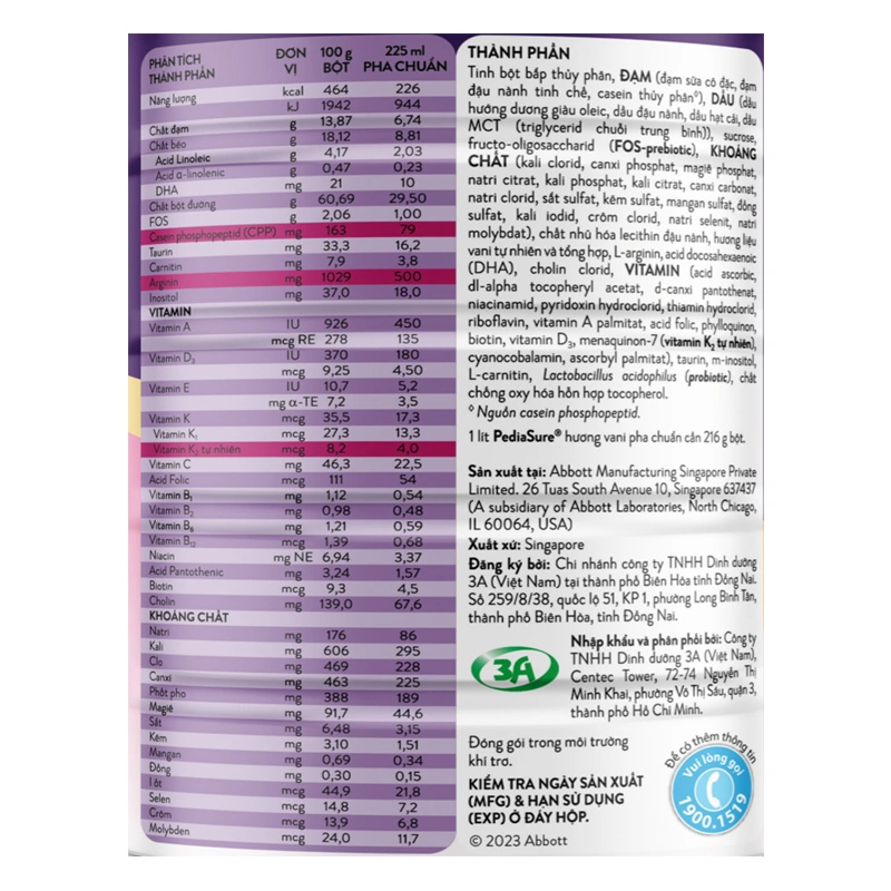 Sữa bột Abbott PediaSure BA hương vani 800g (1 - 10 tuổi) 11