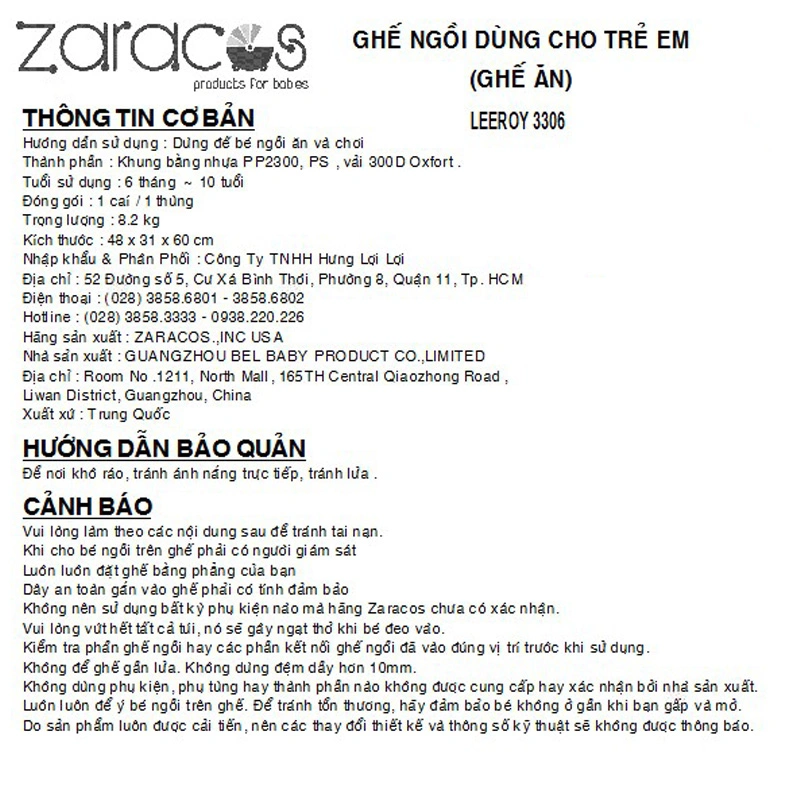 Ghế ăn Zaracos Leeroy 3306 (6 tháng - 10 tuổi) - Màu vàng xám 12