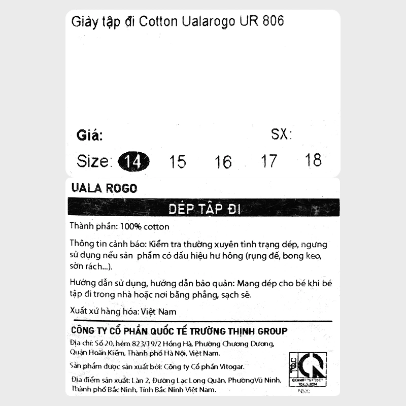 Giày tập đi cho bé Cotton UalaRogo UR806 màu xanh rêu 10