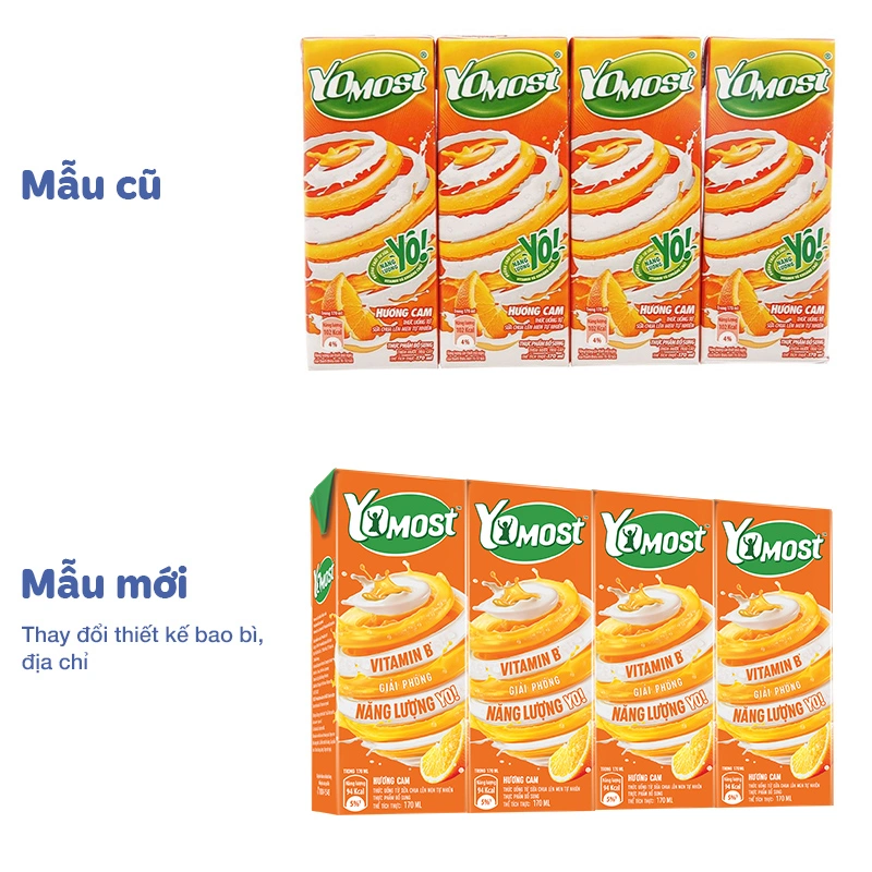 Lốc 4 hộp sữa chua uống tiệt trùng Yomost vị cam 170 ml (từ 2 tuổi) - Giao bao bì ngẫu nhiên 2