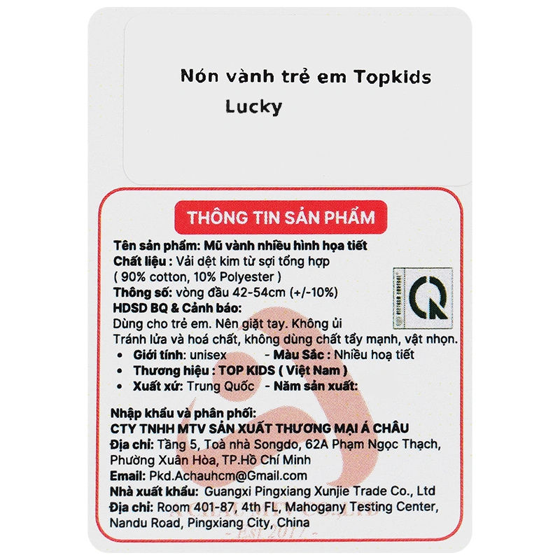 Nón vành cho bé TOP KIDS lucky màu trắng 16