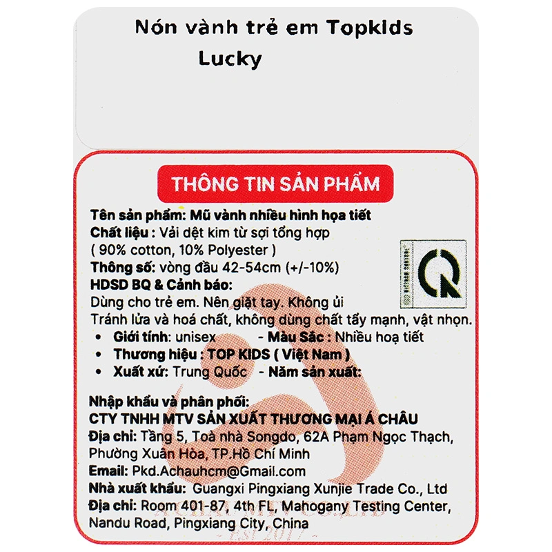 Nón vành cho bé TOP KIDS lucky màu trắng 9