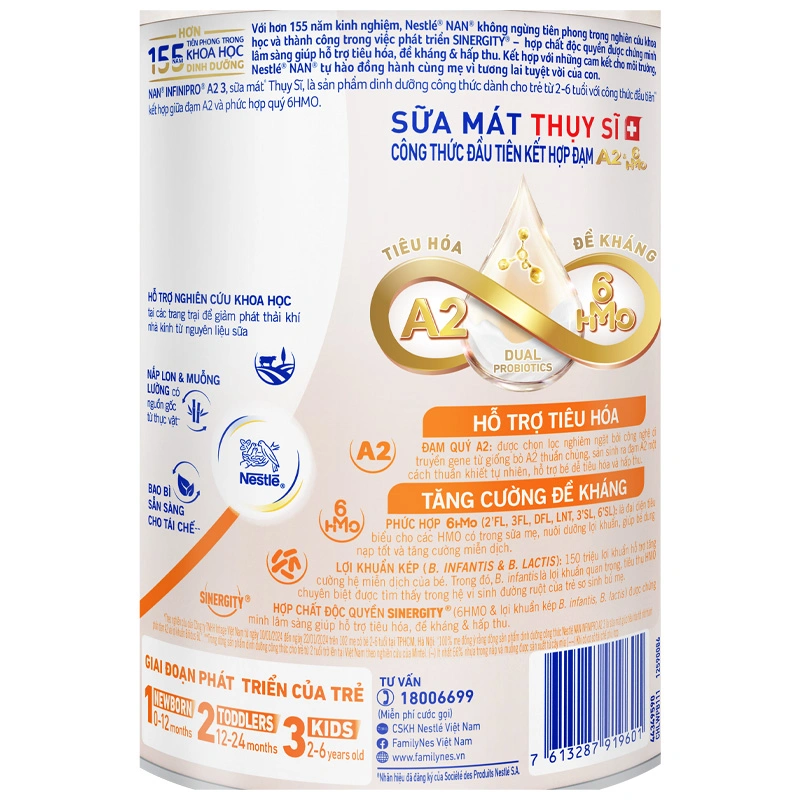 Combo 2 sữa bột NAN InfiniPro A2 6HMO số 3 (đạm quý A2) 800g (2 - 6 tuổi) 6