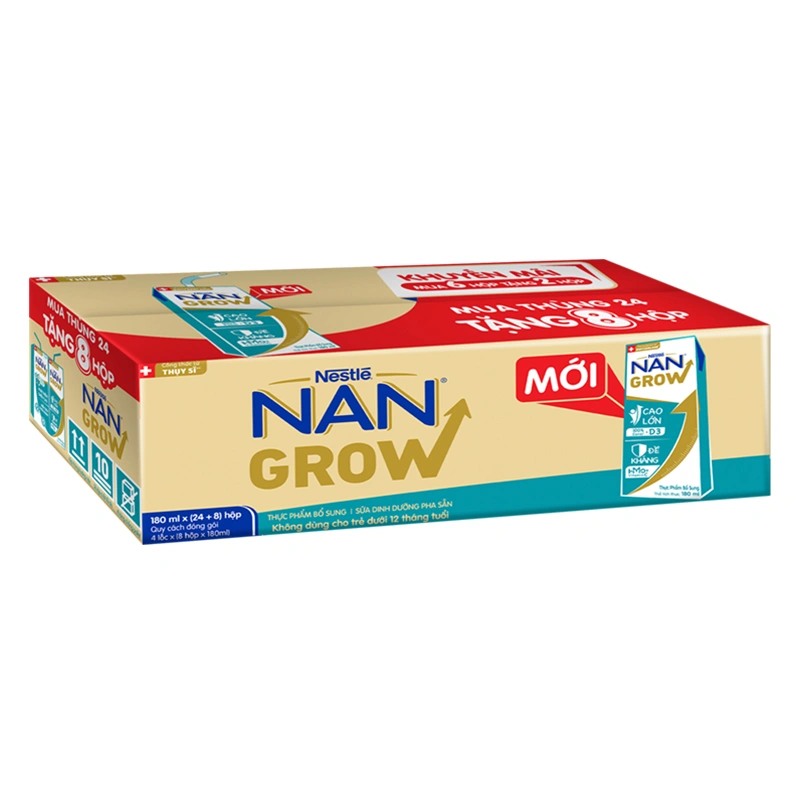 Lốc 6 + 2 hộp sữa pha sẵn Nestlé NAN Grow 180 ml (từ 1 tuổi) 18