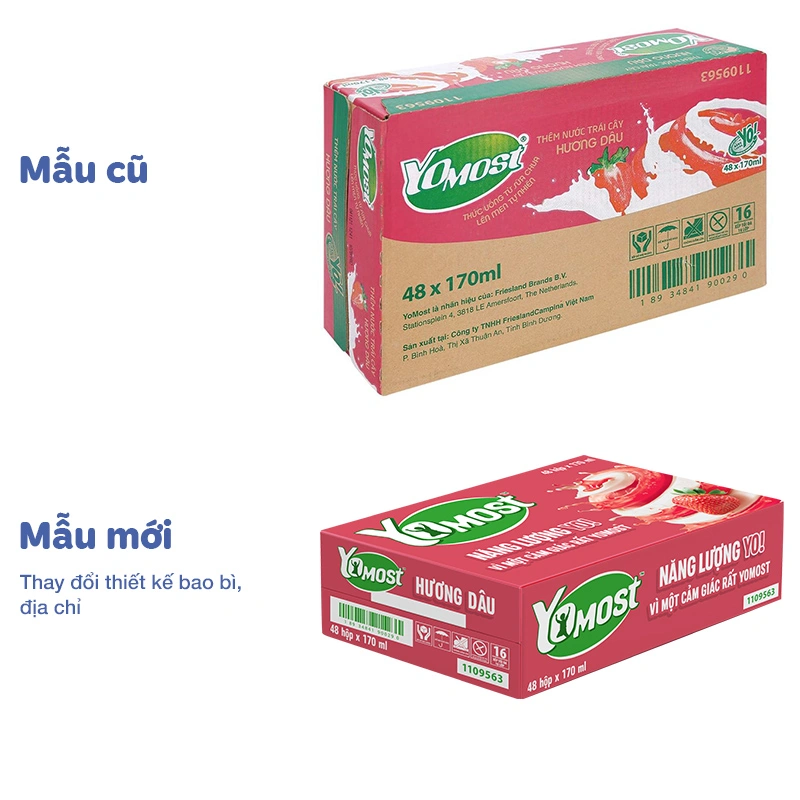 Thùng 48 hộp sữa chua uống tiệt trùng Yomost vị dâu 170 ml (từ 2 tuổi) - Giao bao bì ngẫu nhiên 2